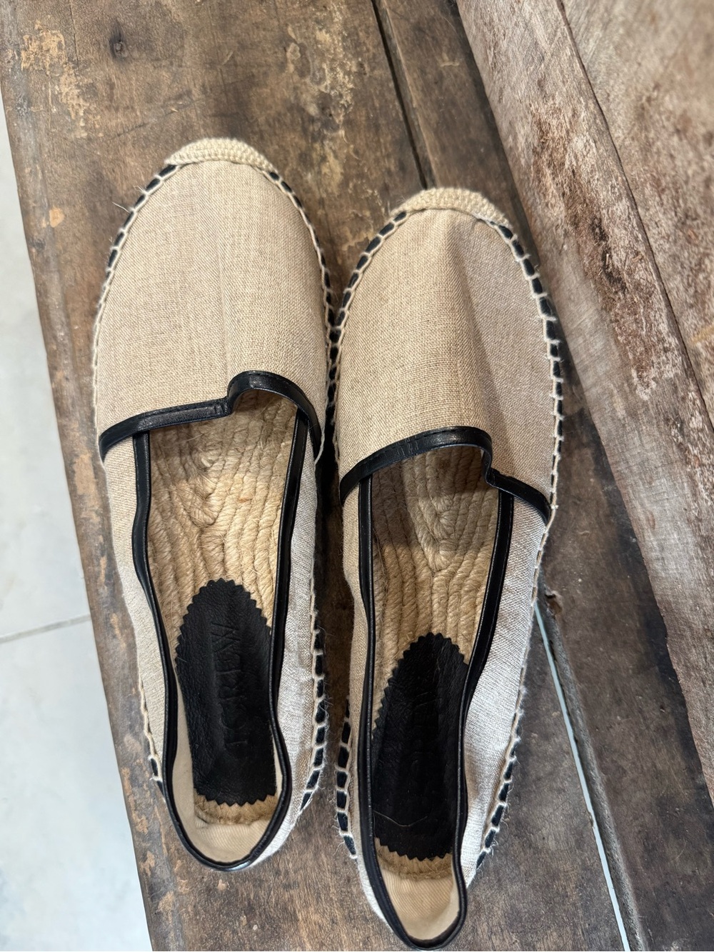 J.Crew Women’s Size 9 Espadrille Flats Beige Linen Black Leather Made in Spain